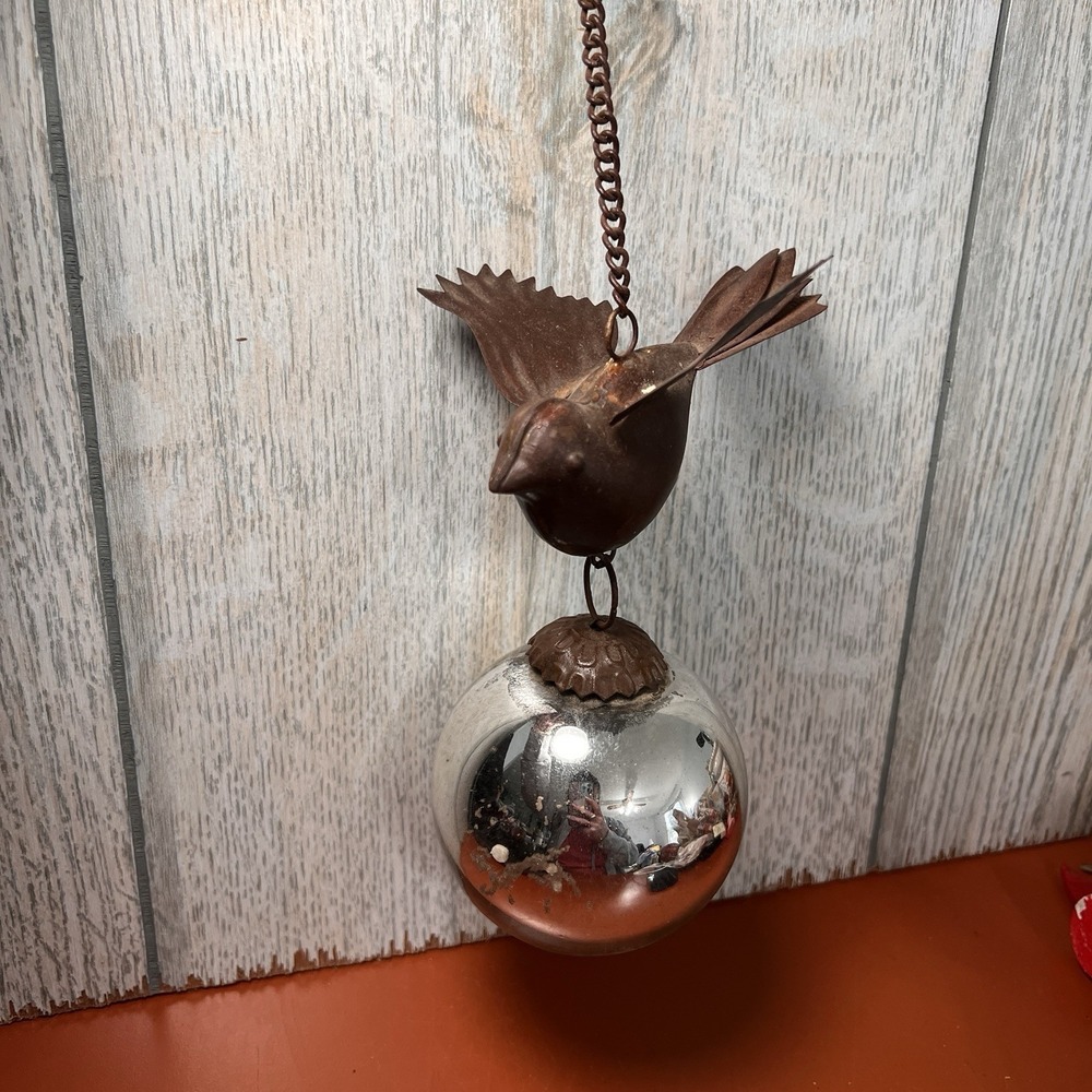 Vintage Ornament Rustic Metal Bird and Glass Ball on 7" Chain